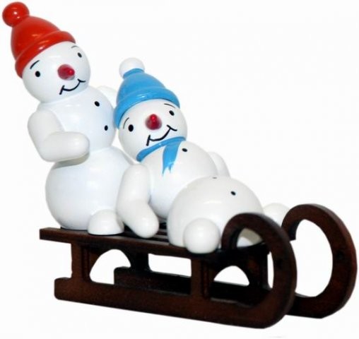 Snowman-Duo auf Schlitten 7cm Dekofigur aus Holz