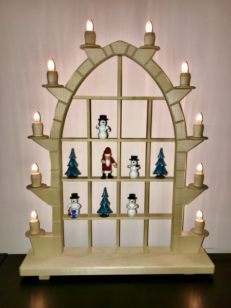 Schwibbogen Gothik Holz natur mit 10 elektrischen Kerzen und Setzkasten 47x72cm